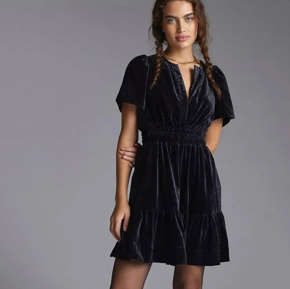 Maeve By Anthropologie Somerset Black Velvet Short Sleeve Mini Dress Size 3X - Picture 1 of 15